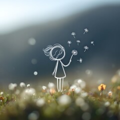 Whimsical illustration of a girl in field of dandelions, serene and dreamy landscape, fantasy art with hand-drawn character, nature and imagination intertwined, artistic and emotional scene
