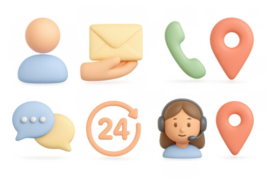 Modern 3d communication icons set: messaging, location, support, and 24-hour service