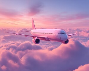 Fototapeta premium Vibrant Pink Aircraft Soaring Through Dreamy Blue Clouds at Dusk