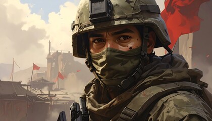 A soldier in camouflage gear stands guard in a desolate, ancient city, his gaze fixed on the viewer.