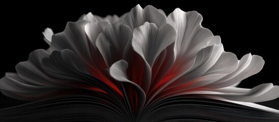 Abstract flower with red core and curved, white petals on a black background