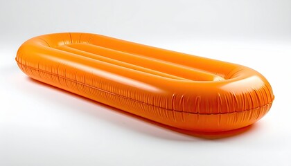 Inflatable orange raft, oblong shape, slightly angled,  smooth surface,  brightly colored, isolated on white