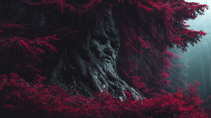 Fototapeta premium A scary of the evil tree with red leafs is in the middle of black forest , halloween mood.