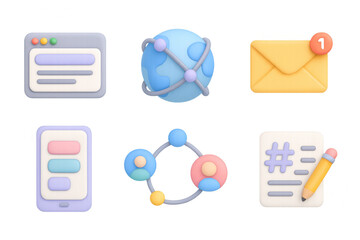 3d icons set: technology and communication elements in pastel colors