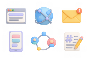 3d icons set: technology and communication elements in pastel colors