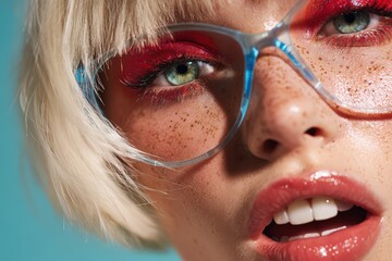 Close-up portrait of fashionable young woman with vibrant makeup, red eyeshadow, blonde hair, and glasses against blue background