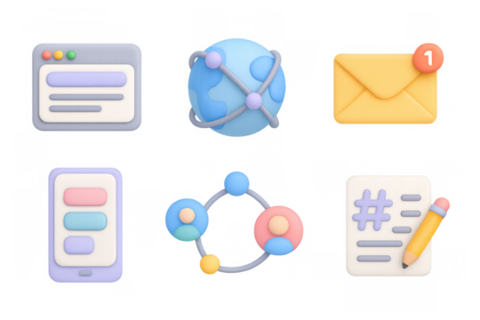 3d icons set: technology and communication elements in pastel colors