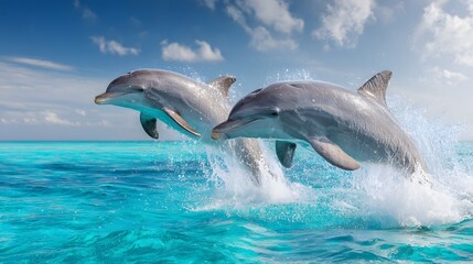 Fototapeta premium Bottlenose dolphins jumping out of the ocean water in clear blue sky wildlife photography nature scene