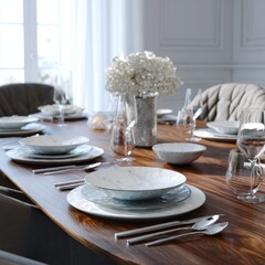 Elegant Dining Table Setting with Fine China and Floral Centerpiece