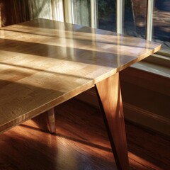 Warm Sunlight on Modern Wooden Table with Shadows and Natural Light