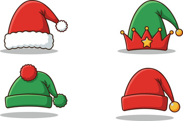 Cartoon Christmas hats collection with Santa hat, elf hat, festive holiday accessories, red and green winter decoration, cute seasonal illustration