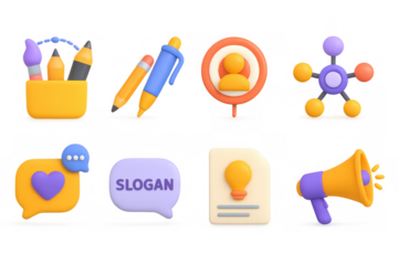 Colorful 3d icons for creative design and communication tools