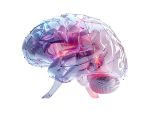 3D rendered brain, translucent, polygonal, glowing, network