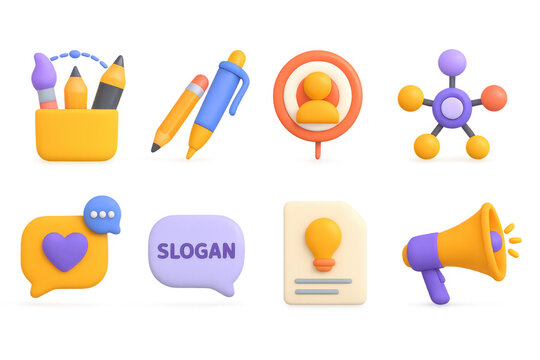 Colorful 3d icons for creative design and communication tools