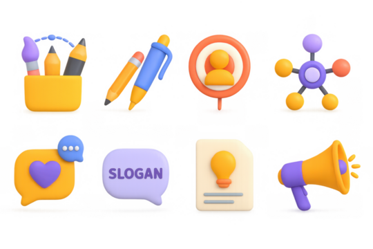 Colorful 3d icons for creative design and communication tools