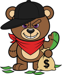 Cartoon gangster teddy bear wearing cap and bandana holding money bag, funny outlaw character, cute street style illustration, hip hop design