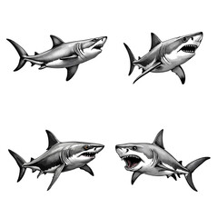 Fototapeta premium A set of shark fish black and white on clean white background
