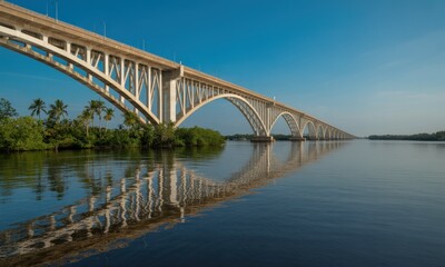 Fototapeta premium A long, arched bridge spans a calm river. Clear reflection. Tropical trees line the shore. Bright blue sky