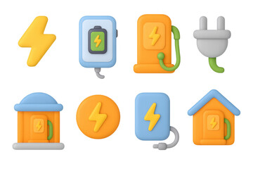 3d electric energy icons set: battery, plug, and charging station designs