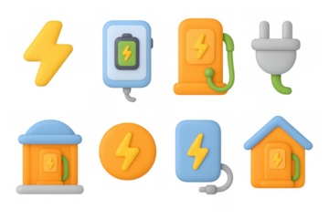 3d electric energy icons set: battery, plug, and charging station designs