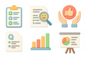 Pastel 3d icon set: checklist, documents, thumbs up, statistics, presentation
