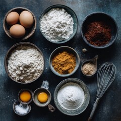 Fresh Eggs and Various Dry Ingredients for Baking and Cooking