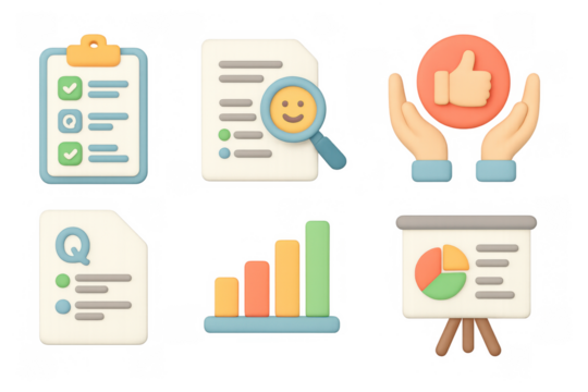 Pastel 3d icon set: checklist, documents, thumbs up, statistics, presentation