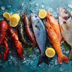 Fresh Seafood Variety on Ice with Lemon Slices and Herbs Display