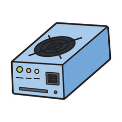 Illustration of a blue computer power supply unit with fan and ports, digital elements computer