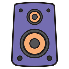 Illustration of a purple speaker with two orange cones, representing audio elements for computer systems