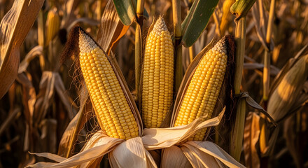 Three beautiful dried corn cobs ready for harvest in a sunlit agricultural field, showcasing abundant golden kernels and natural textures.