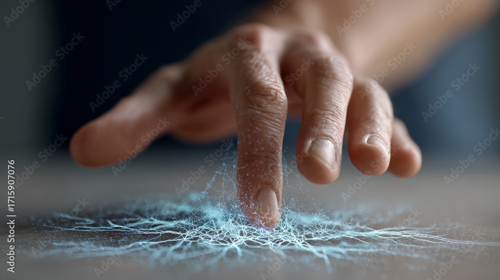 Poster hand touching a futuristic glowing artificial intelligence network interface, activating a network o