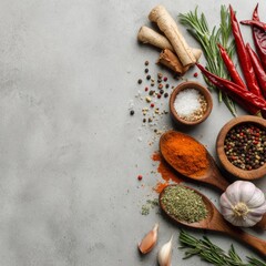Colorful Spices and Herbs on a Wooden Table with Vegetables and Utensils