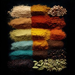 Colorful Spices and Powdered Herbs Arranged in Horizontal Lines