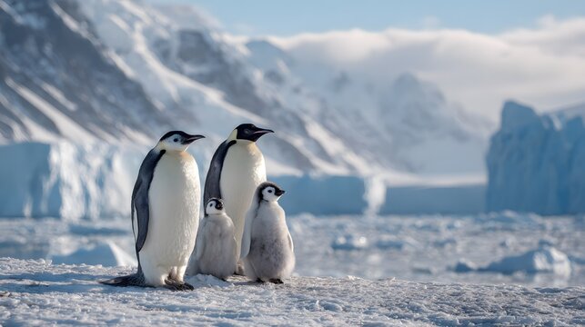 Emperor penguin family antarctica wildlife photography antarctic landscape icebergs frozen sea arctic nature 100 - Powered by Adobe