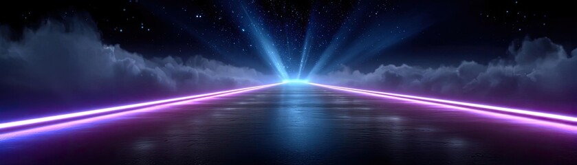 Goal to success with step route pathway concept. Futuristic road with glowing lights under a starry sky.