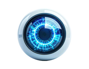Futuristic, white orb eye with glowing blue iris