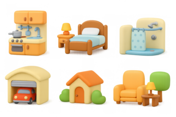 Colorful 3d cartoon household elements: cozy furniture and appliances set