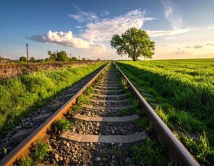 A tranquil countryside landscape stretches out before a railroad track, bathed in the golden light of a beautiful sunset.