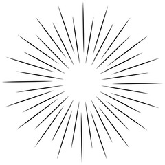Obraz premium Abstract radial sunburst lines with dynamic rays forming circular burst effect. Black sharp rays on white background, suitable for comic effect, retro design, background, or decoration.