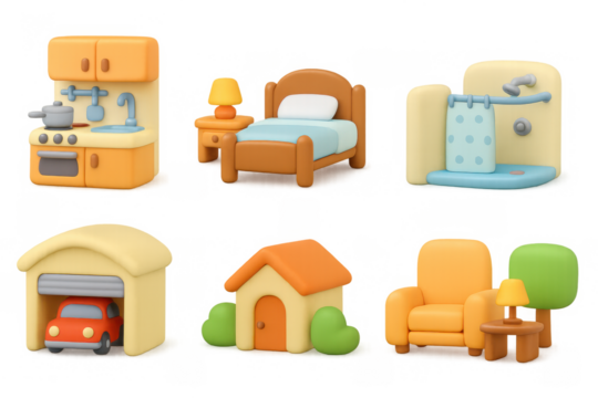 Colorful 3d cartoon household elements: cozy furniture and appliances set