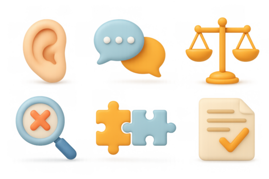 3d communication and legal icons with ear and speech bubbles