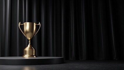 Golden trophy on a black podium in front of black drapes