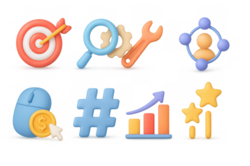 Colorful 3d icons of business and marketing tools on transparent background