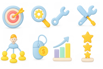 Colorful 3d business icons set: tools, growth, and success symbols