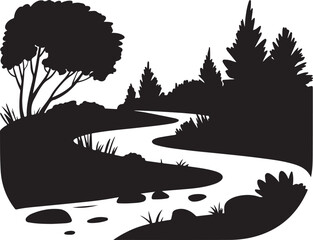 River Landscape Silhouette Vector Illustration A Tranquil Nature Scene in Black and White
