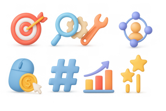 Colorful 3d icons of business and marketing tools on transparent background - Powered by Adobe