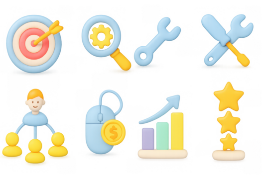 Colorful 3d business icons set: tools, growth, and success symbols - Powered by Adobe