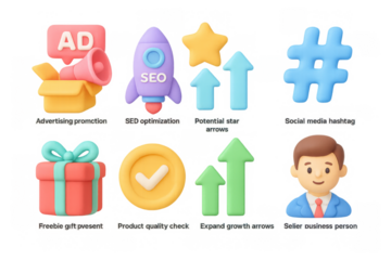 Colorful 3d icons for digital marketing and social media engagement