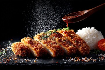 Delicious crispy golden breaded fried chicken cutlet served with white rice and garnished vegetables on black slate background